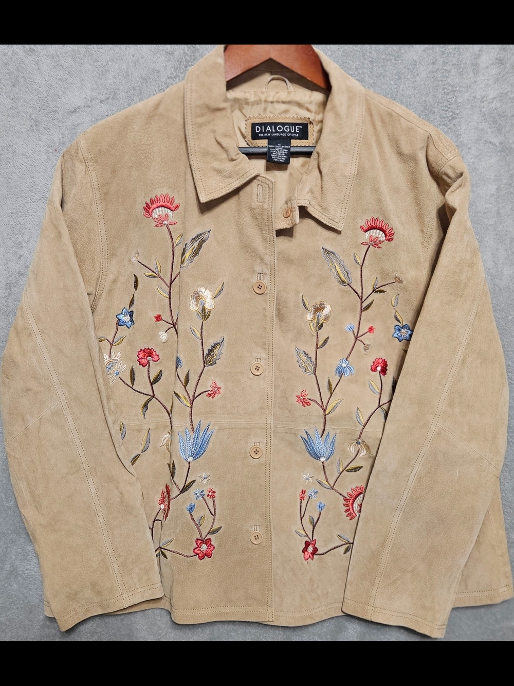 Vintage Dialogue Tan Suede Jacket with Multicolor Floral Embroidery XL